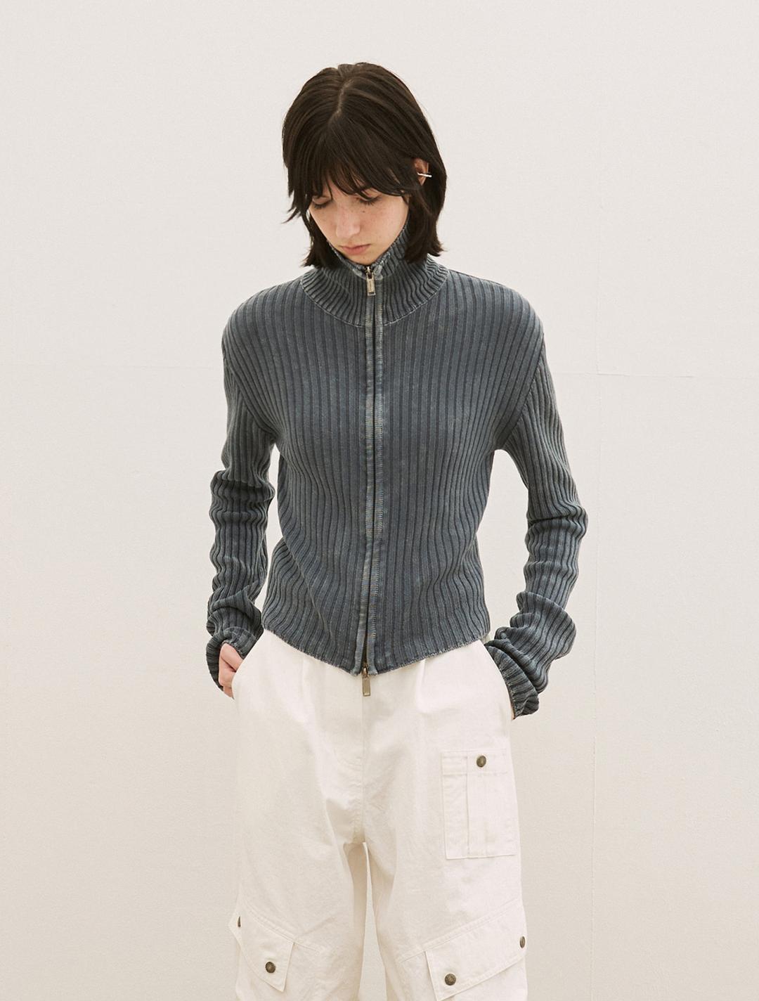 워시드 슬림 립 하이 넥 가디건 (블루)