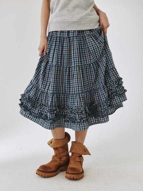 MIDDLE FRILL SKIRT, BLUE CHECK