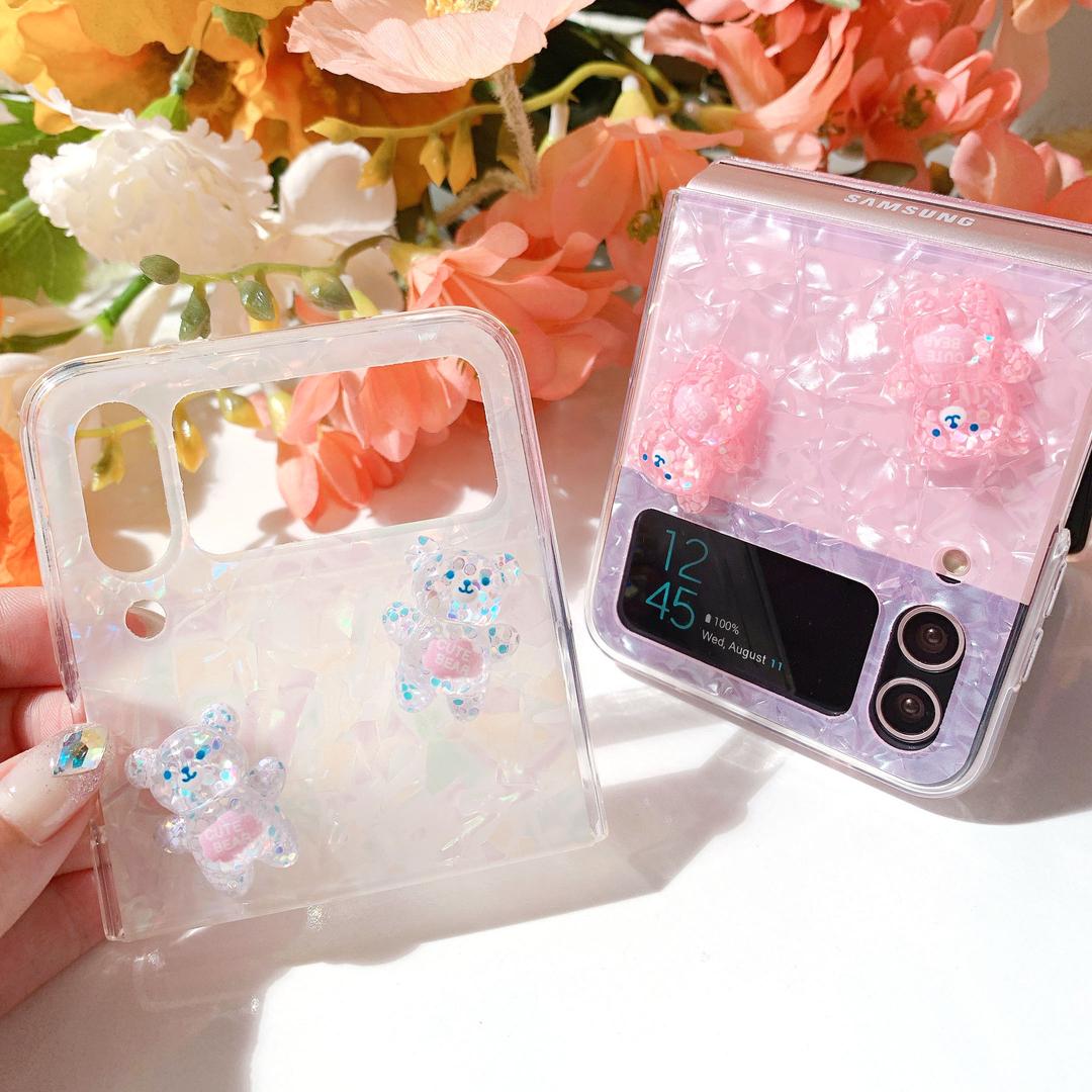 z플립 자개 글리터 곰돌이 패턴