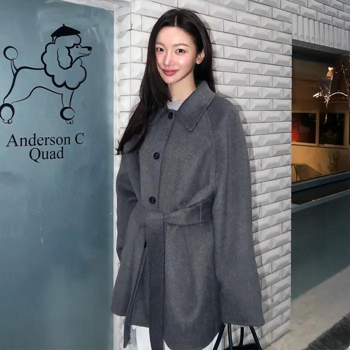 [민경, 묵화 PICK] 캐시미어 울 핸드메이드 하프 코트 그레이 MDCT013GRAY