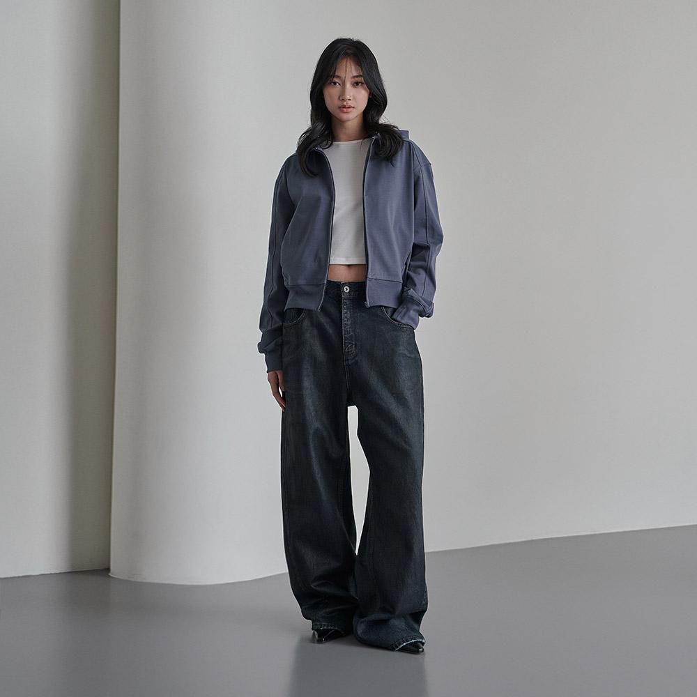 Wide Washed Waxed Denim Pants Blue Black