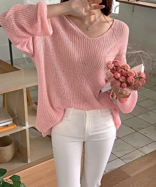 로즐리 [1+1] 몰디브 부클 여리핏 브이넥 니트