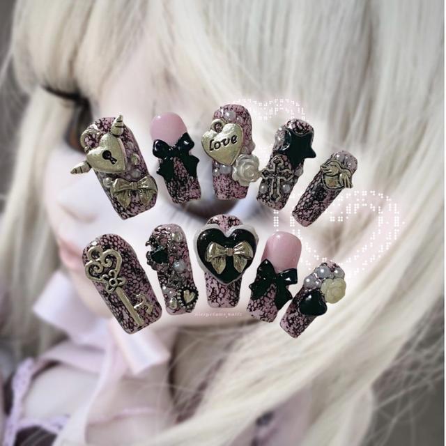 Pink Lacey Dark Coquette press ons nails