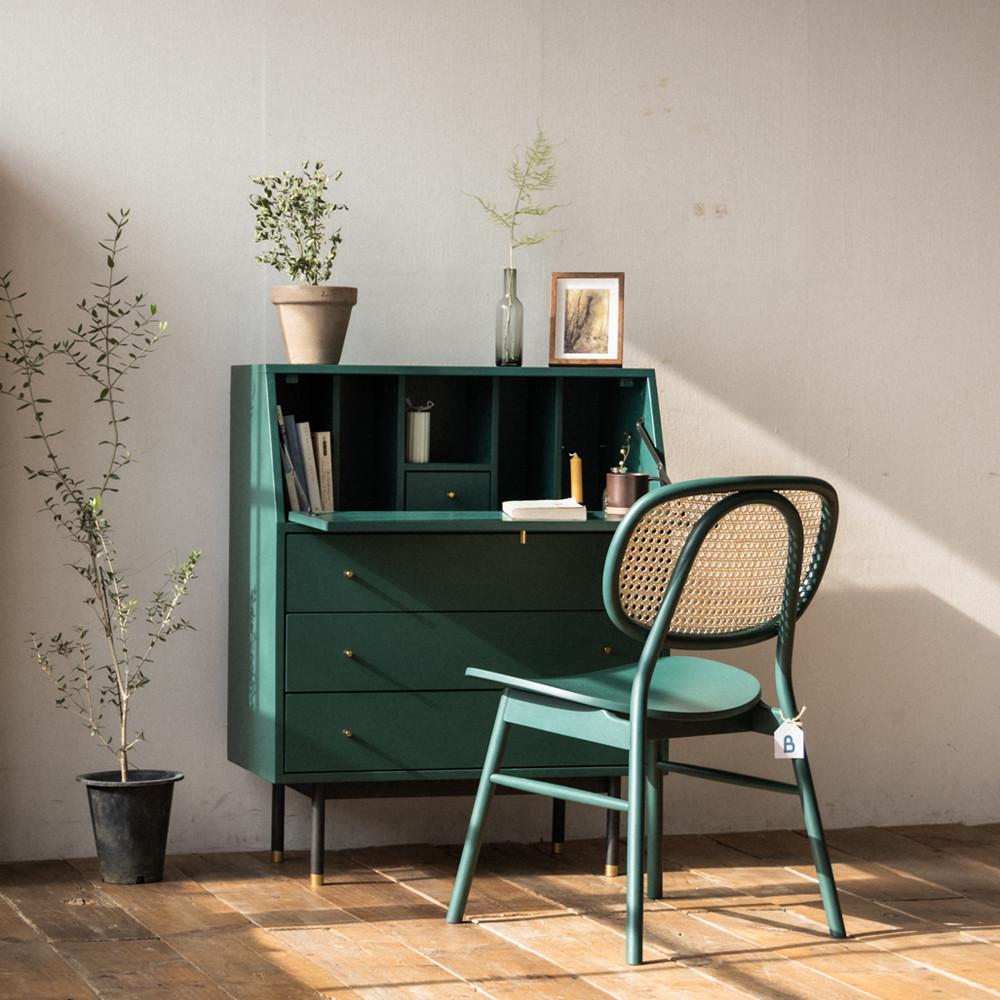 [희망일배송] 번드 비스트로 라탄 원목 3단 서랍화장대 뷰로데스크 그린