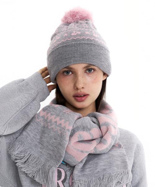 자카드 니트 폼폼 비니 [멜란지 그레이]