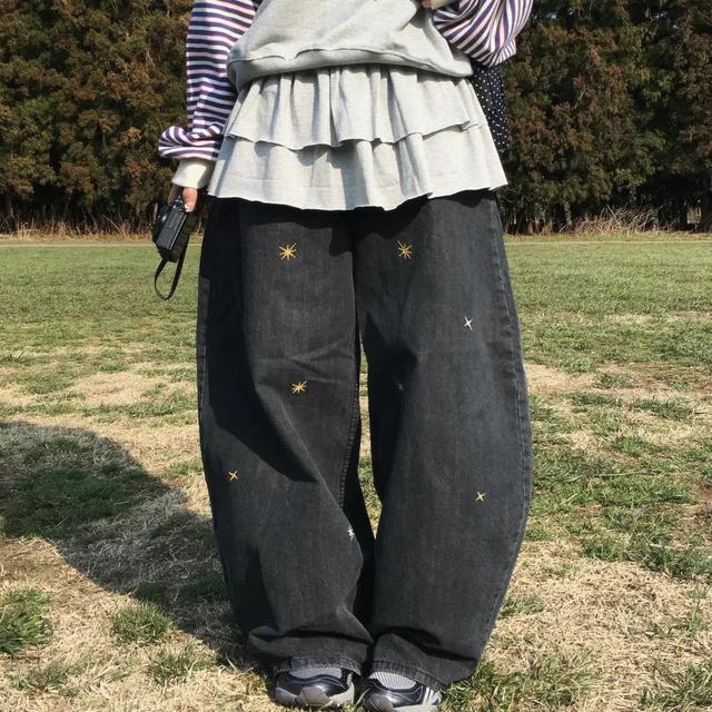 스타 자수 와이드 데님 팬츠