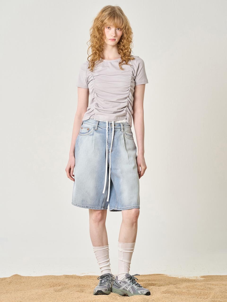 엘리오티 1-Tuck Brush Denim Bermuda Pants_Blue