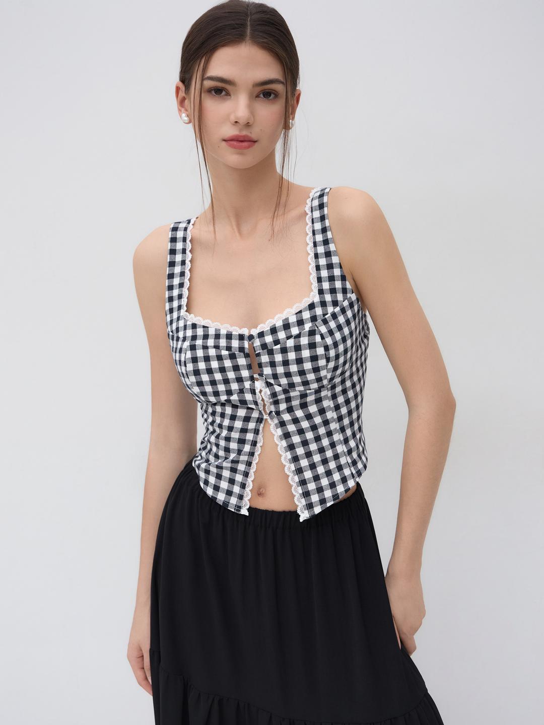 Gingham Lace Trim Split Crop Tank Top