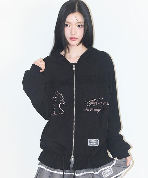 크로셰 래빗 후드 집업 블랙