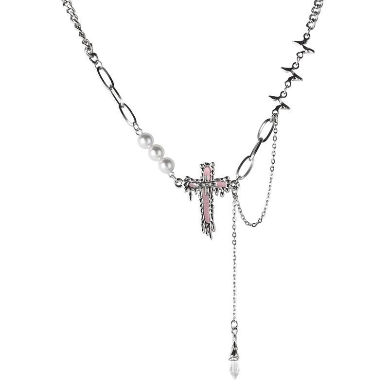 Pink Cross Pearl Drop Necklace