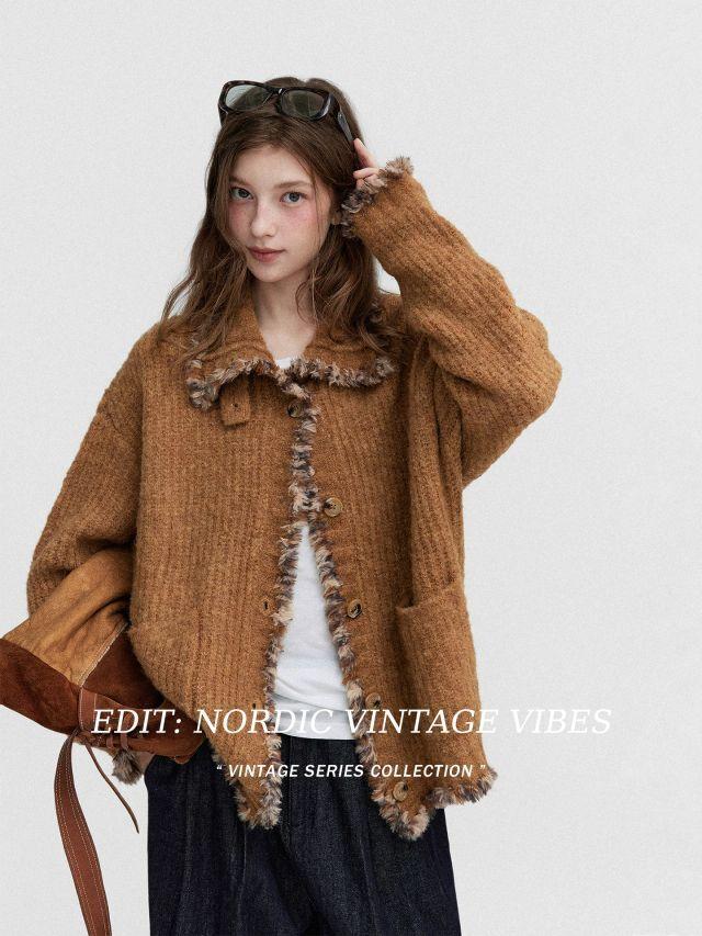 [Letm] Wool Blend Boucle Cardigan with Fur Trim
