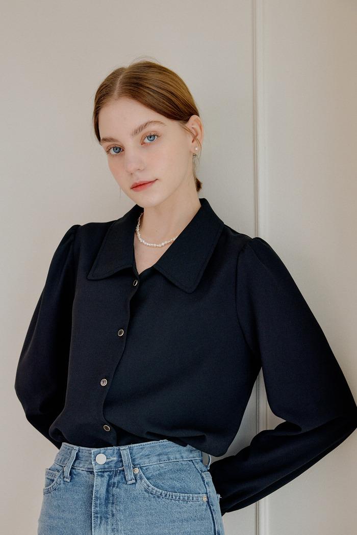 ROUND SHIRRING SHIRT_BLACK