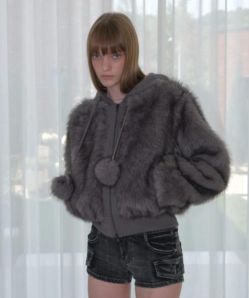 MIXED FUR HOODED JUMPER [CHARCOAL]