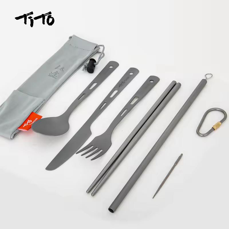 TiTo 티타늄 초경량 커트레이 야외 휴대용 나이프 포크 스푼 빨대 이쑤시개 젓가락, 캠핑 하이킹 여행 플랫웨어 세트