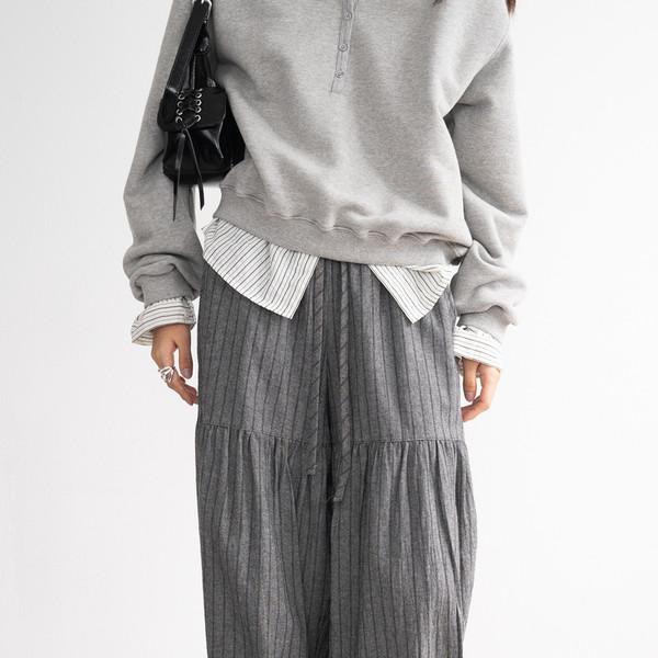 Shirring Striped Wide Pants (Gray)