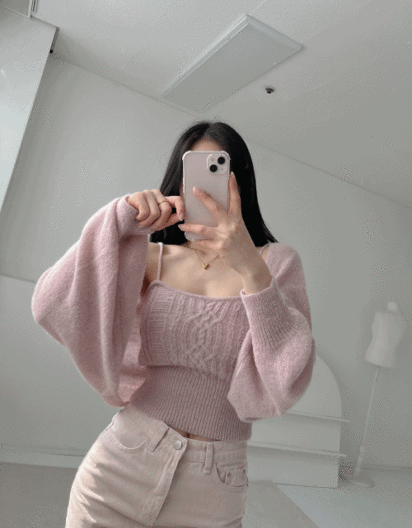 로즈화이트 SET여리여리 스퀘어넥 니트 나시 가디건세트