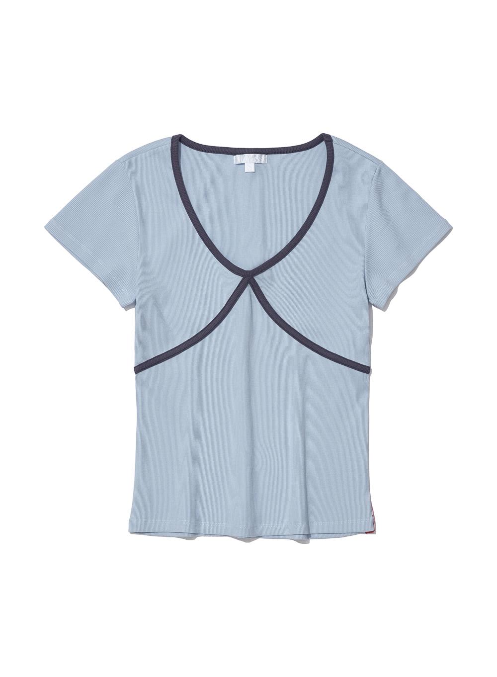 [WOMEN] PWC CONTRAST BINDING V-NECK TOP_SKY
