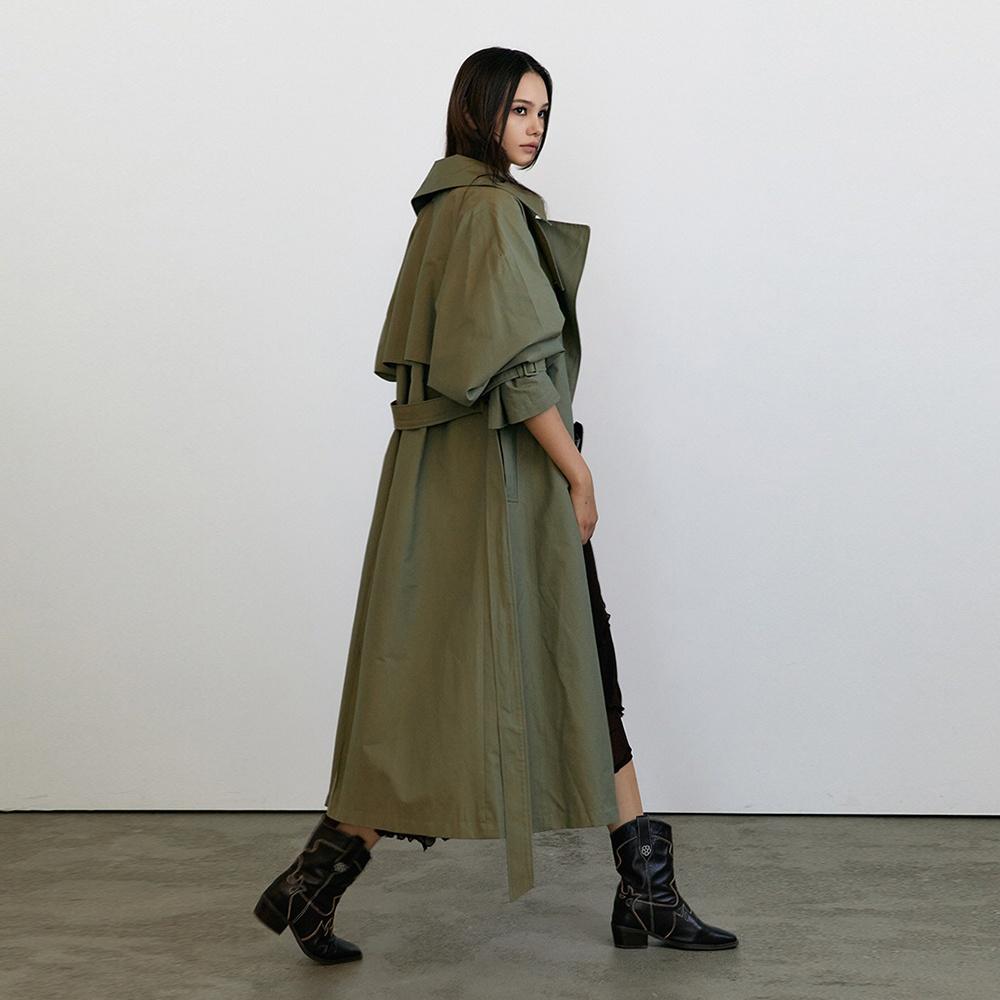 BELTED VOLUME FIELD JAKET HIDDEN TRENCH COAT-KHAKI