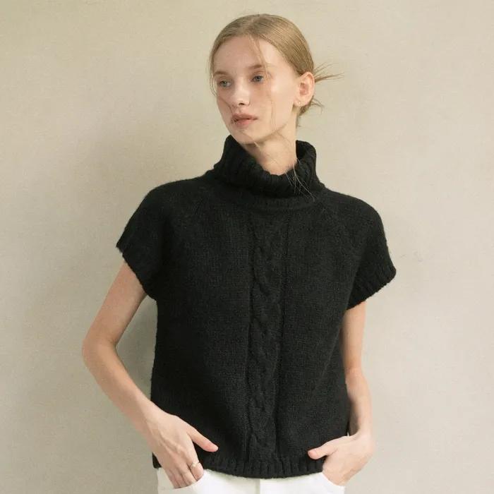 Wool Twist Turtle-neck Half Knit (black)