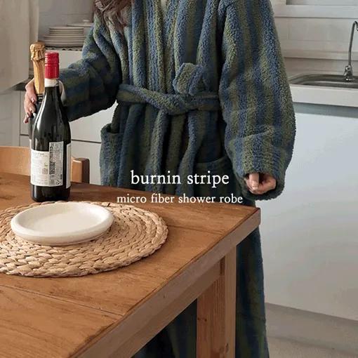 🧣겨울신상🧣 당일발송 버닌 스트라이프 고급 극세사 겨울 샤워가운 호텔 목욕 로브 팬츠 커플 수면잠옷 파자마 세트 3color