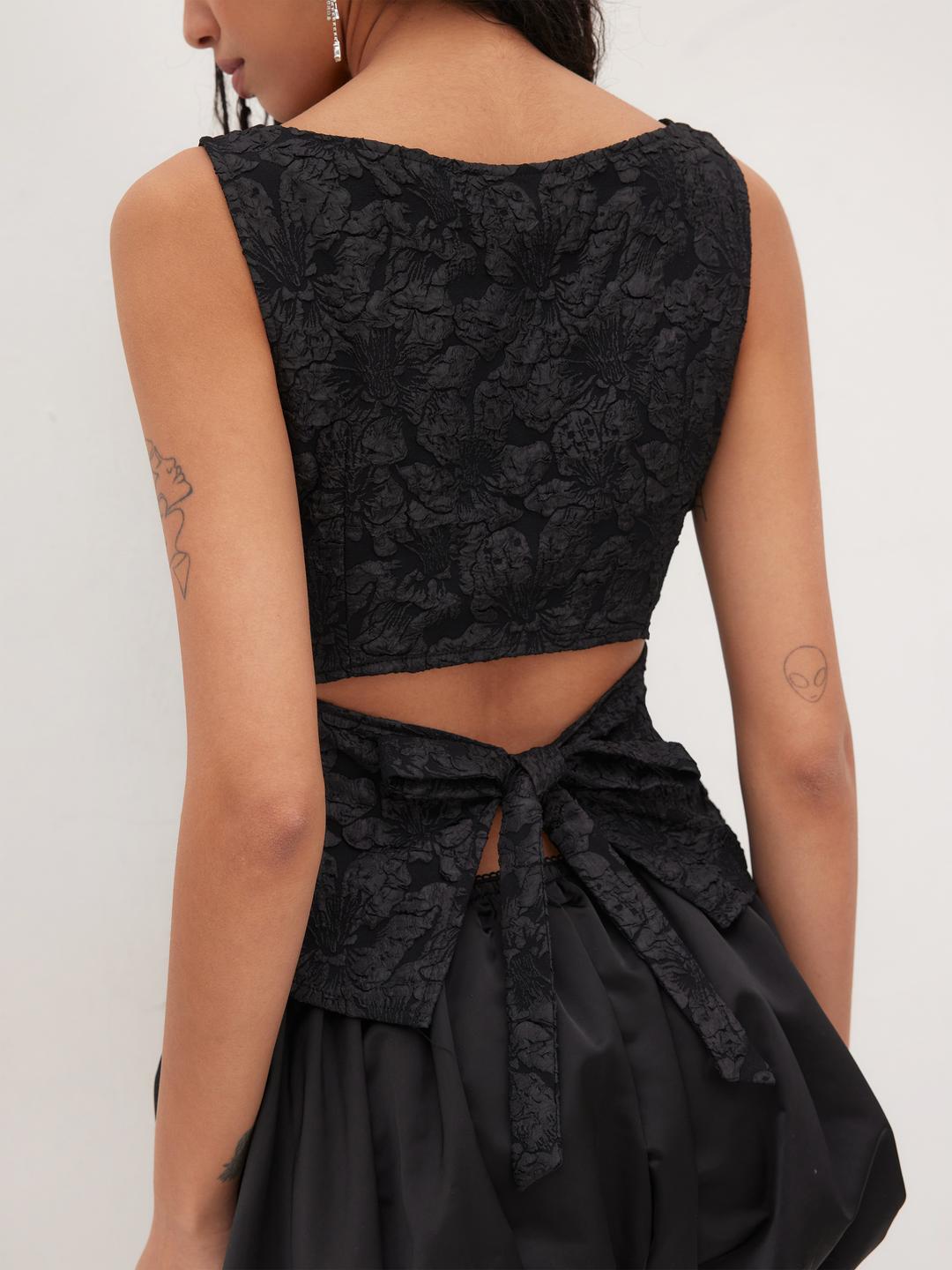 Jacquard Boat Neck Floral Bowknot Split Tank Top