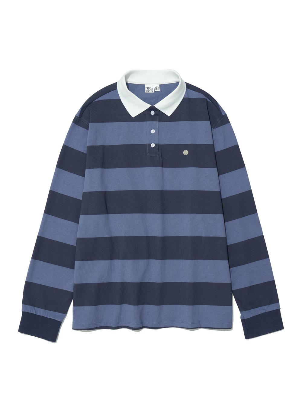 [WOMEN] WIDE STRIPE LONG SLEEVE POLO TEE_NAVY