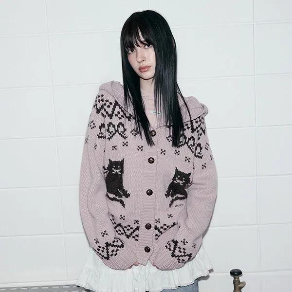 CAT JACQUARD HOODIE CARDIGAN PINK
