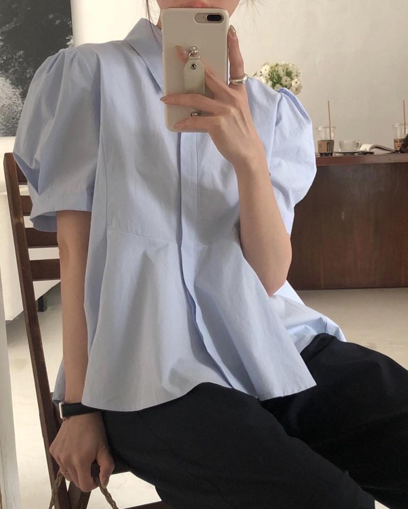 핑크당일/ 오브제 버닝 플리츠 셔링 블라우스 반팔 셔츠