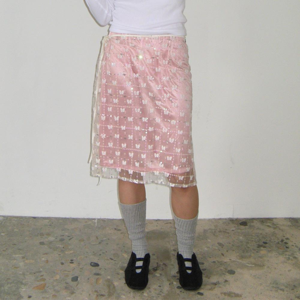 [SET] SATIN LAYERED BANDING SKIRT INDIE PINK