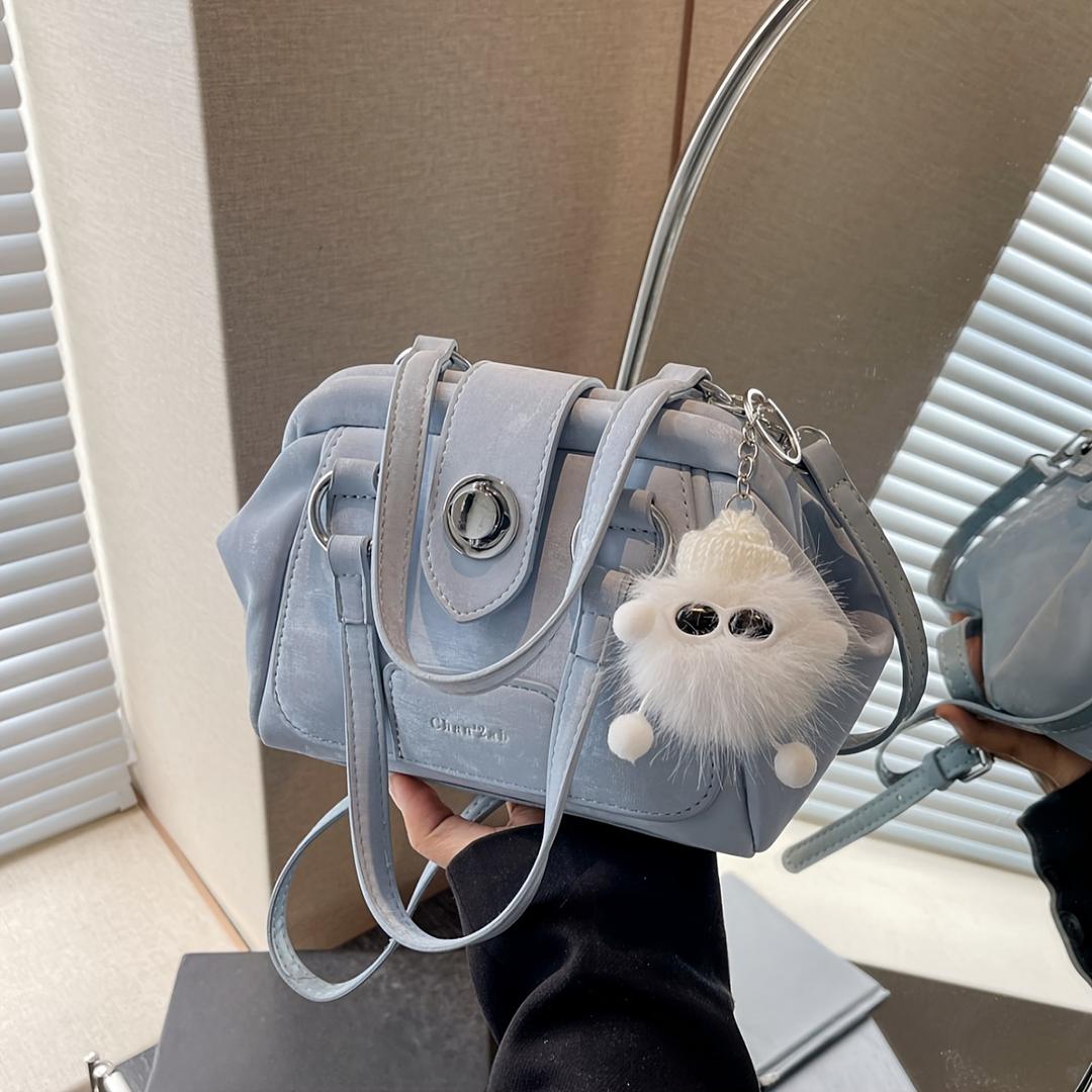 Women's Fashion PU Leather Handbag, Chic Style Underarm Bag, Versatile Shoulder Bag, Trendy Small Satchel Bag With Pendant Decor