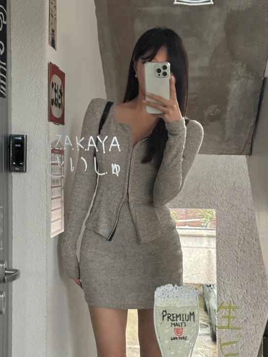 후트 가디건 미니 스커트 세트