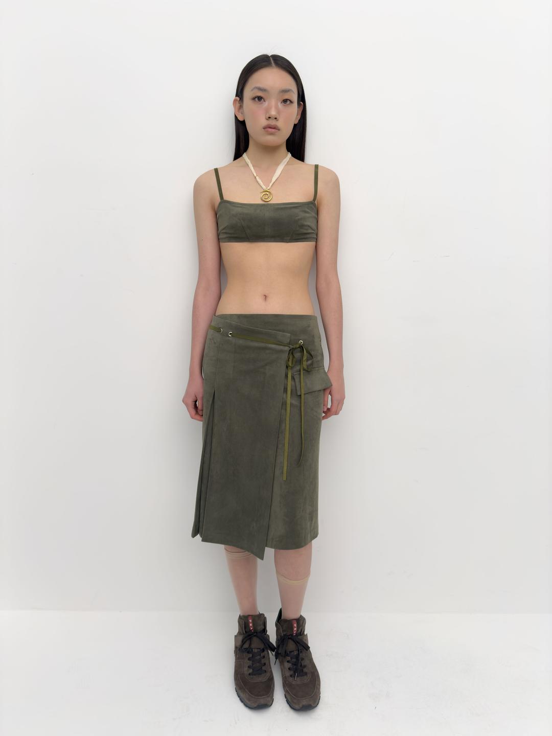 [6/28 예약배송] Faux suede wrap skirt Khaki