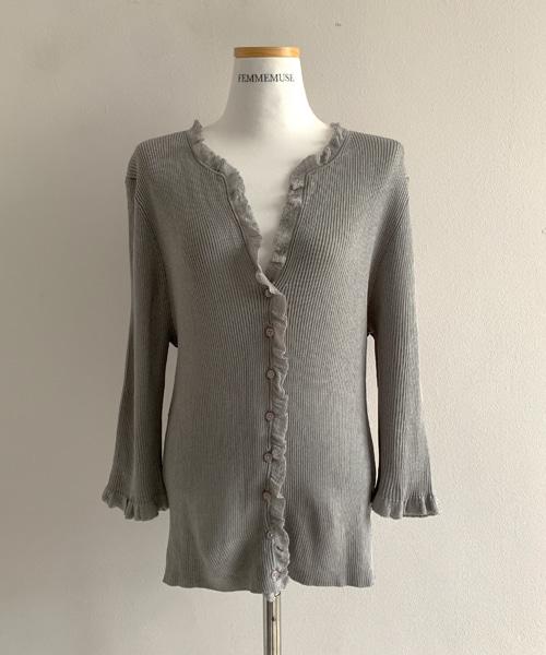 (Vintage)Frill Button Slim Cardigan(Grey)