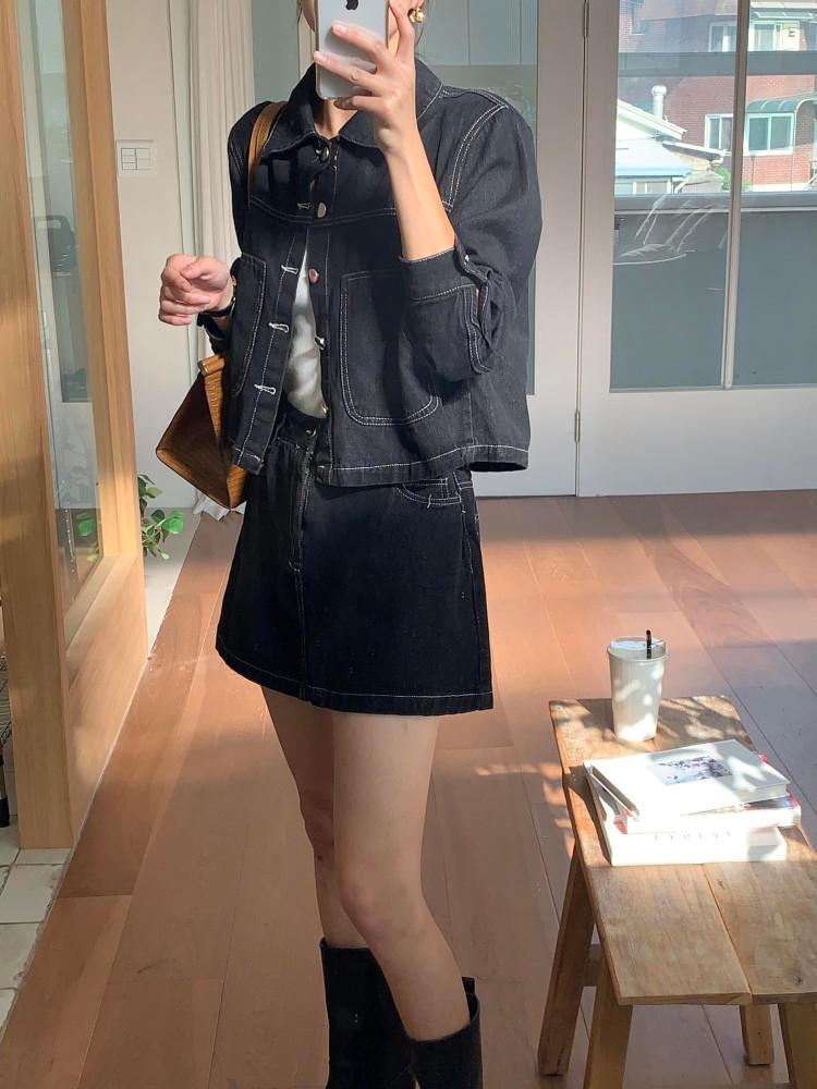 말리부 데일리 생지 데님 스티치 진청 코튼 A라인 플레어 미니 스커트