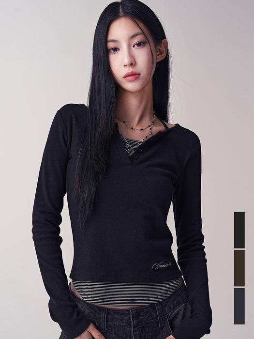 Sally V-cut Stripe Layered Tee_3Colors