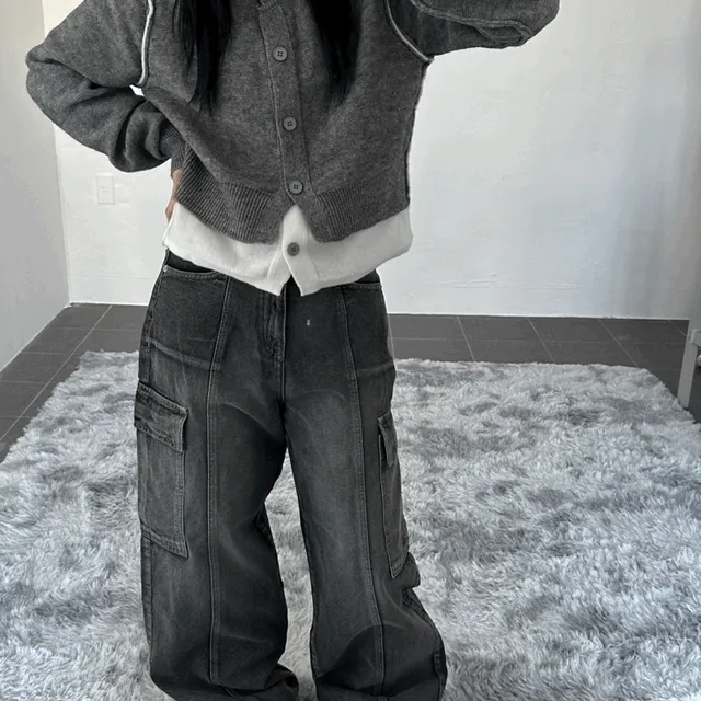 [🆕설특가!신상할인🆕] 282 카고 절개 와이드 데님 pt (2color) - 카고팬츠,카고바지,포켓,포켓팬츠,와이드,절개,워싱,데님,청바지,와이드팬츠