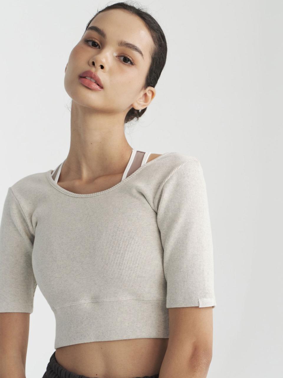 리프 숏 슬리브 크롭탑 - 멜란지