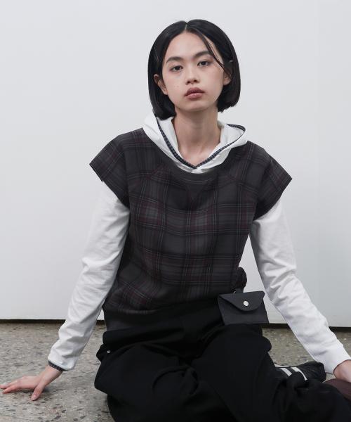 CHECK SHORT SLEEVES SWEATSHIRT, CHARCOAL