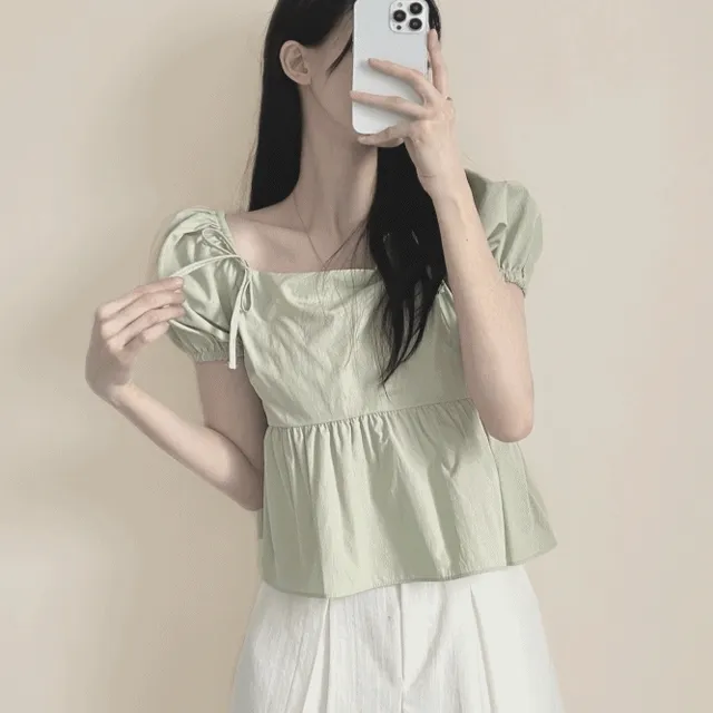 [청순열매 가득해!/브랜드퀄리티] 리본 포인트, 스퀘어넥 셔링 플레어 A라인 크롭 반팔 퍼프 블라우스 3color
