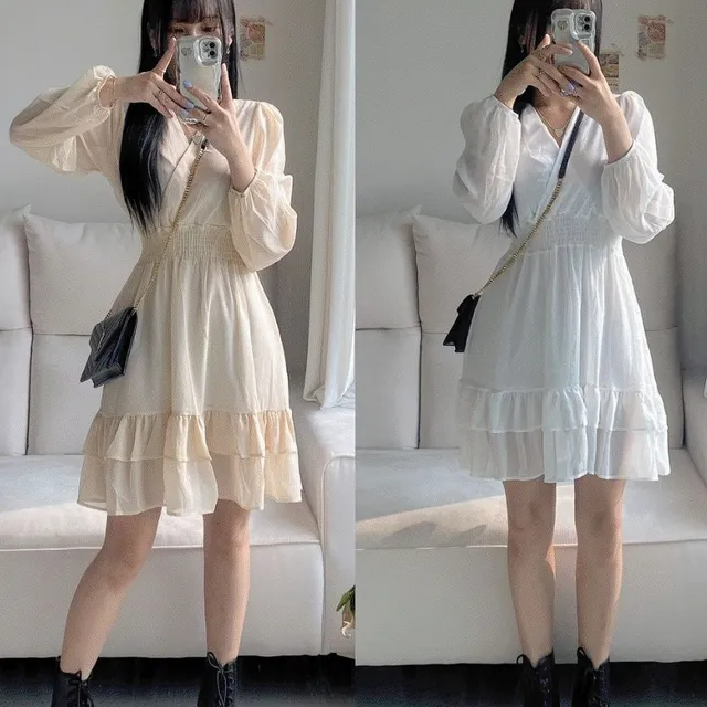 [당일발송/가을 하객룩 추천] 프리티 브이넥 레이스 프릴 쉬폰 랩 미니 캉캉 원피스 (3 col)