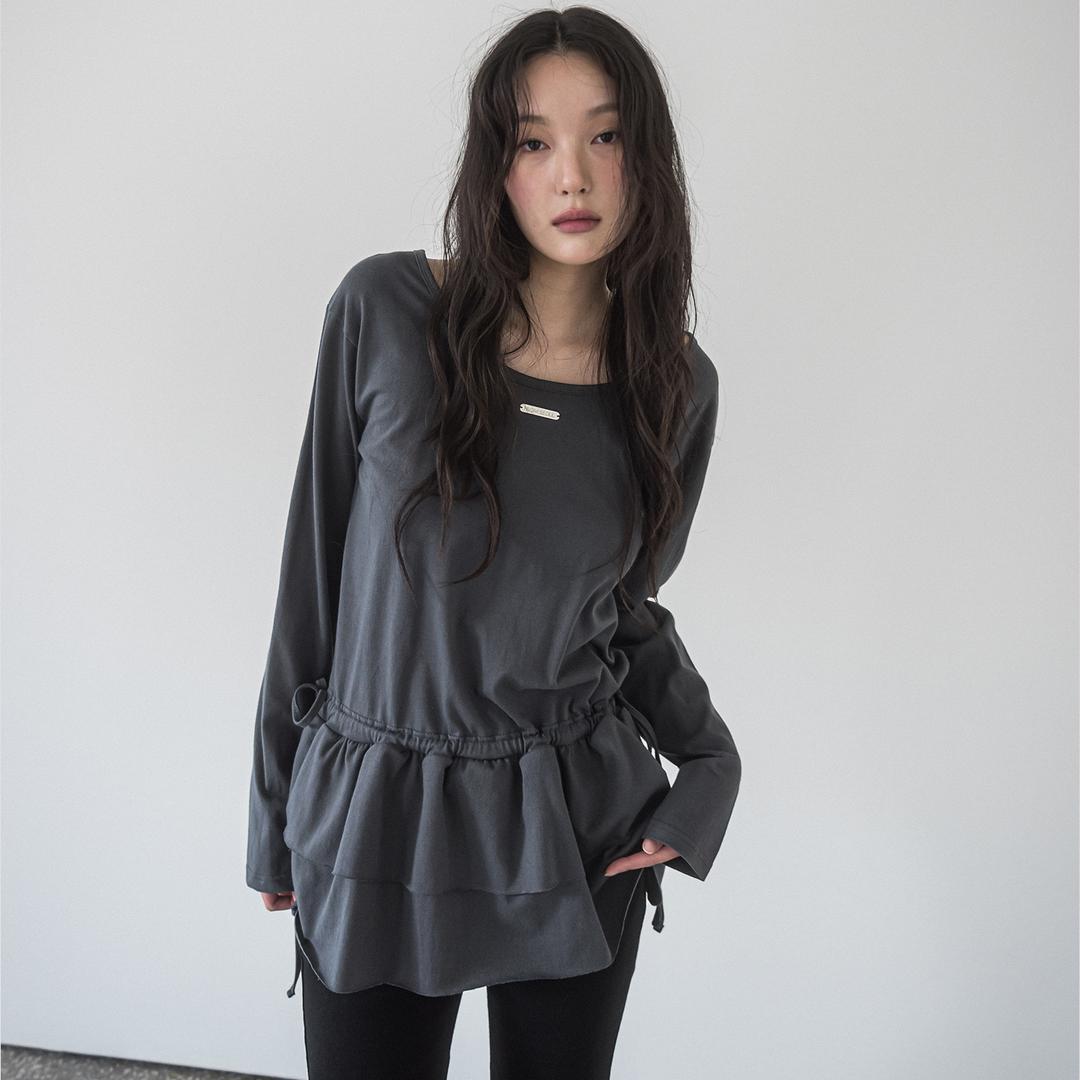 DOUBLE FRILL L/S TEE(CHARCOAL)