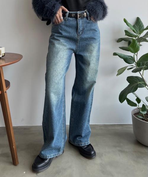 オーロララインストーン付きヴィンテージルーズデニムパンツ