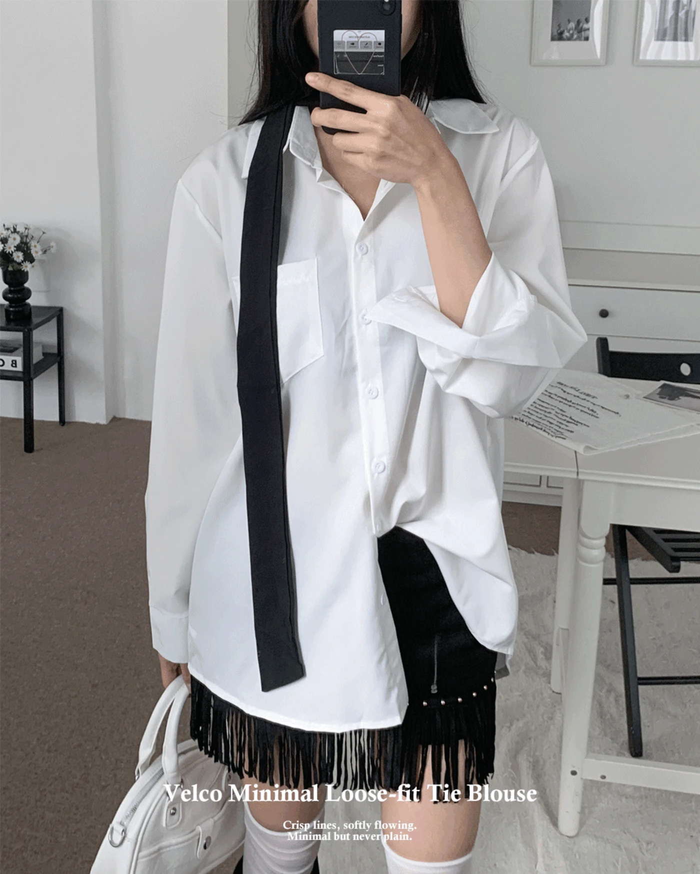 Velco 미니멀 루즈핏 타이 셔츠 블라우스 (3color)
