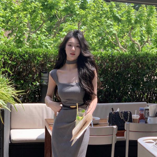 그레이 스퀘어넥 맥시 원피스