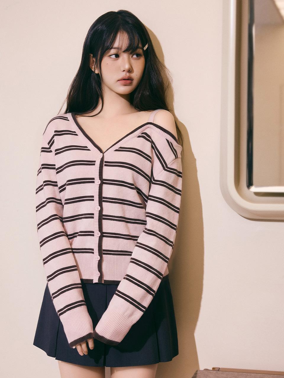 ONE OFF SHOULDER STRIPE WOOL BLENDED CARDIGAN PINK