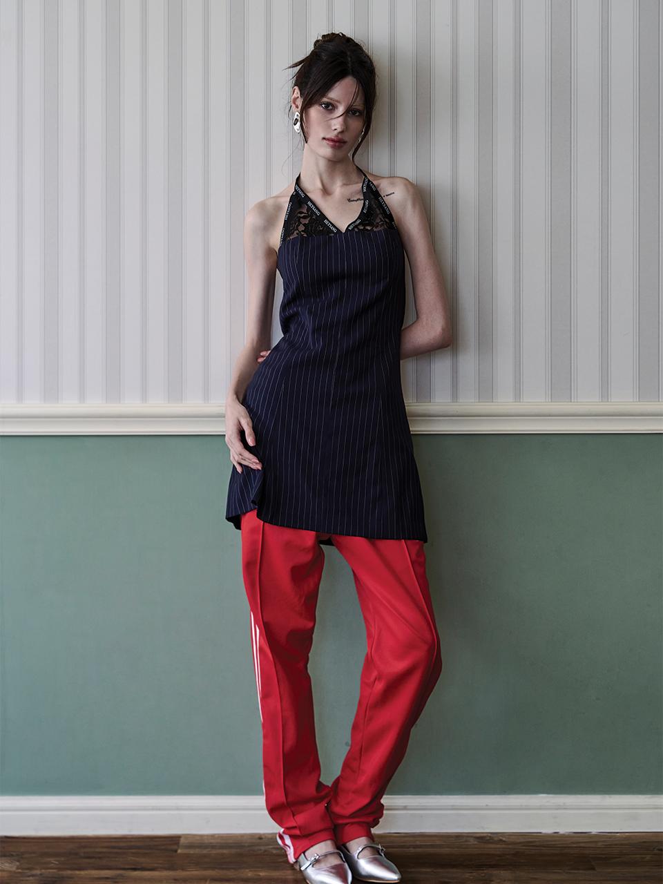 [9월 16일 출고] PIN-STRIPE LACE HALTERNECK MINI DRESS