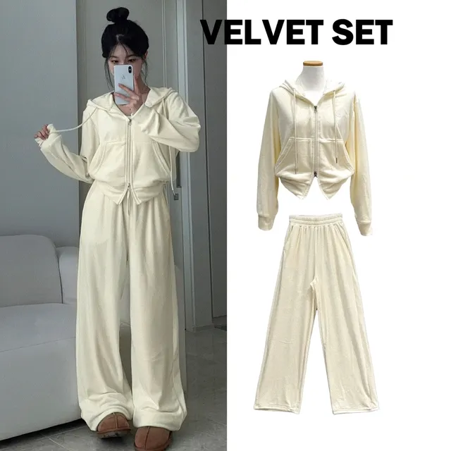 [세트가격🤍] 벨벳 자수 크롭 후드집업 와이드 세트