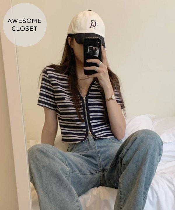 이지 데일리룩 스트라이프 집업 크롭 반팔탑 (블루,핑크)