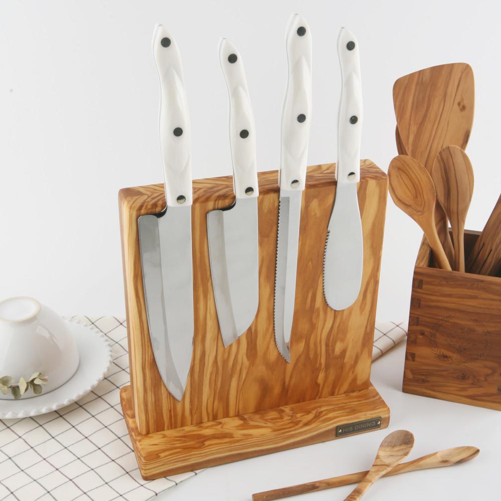 히즈다이닝 올리브 느티 캄포 원목 거치식 자석 칼블럭 칼꽂이 칼거치대 칼걸이