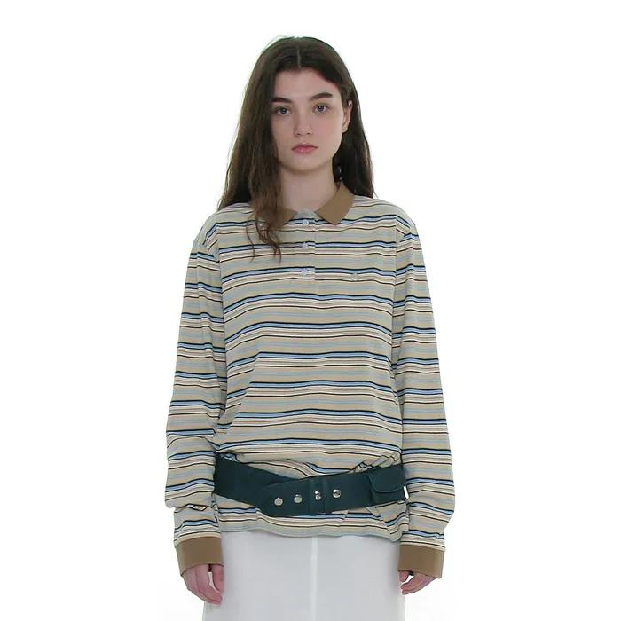STRIPE LONG SLEEVE POLO TEE_BEIGE